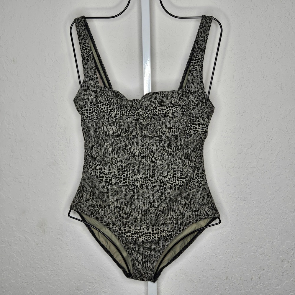 Calvin Klein Women's One Piece Swimsuit 10 Black‎ Cream Snakeskin Print Ruched